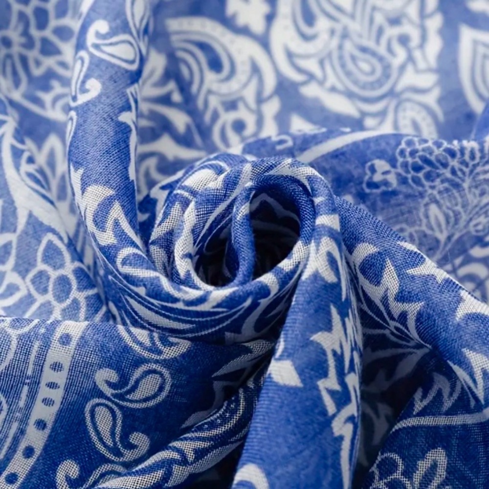 Blue White Porcelain Paisley Floral Bohemian Scarf Shawl - Picture 3 of 8